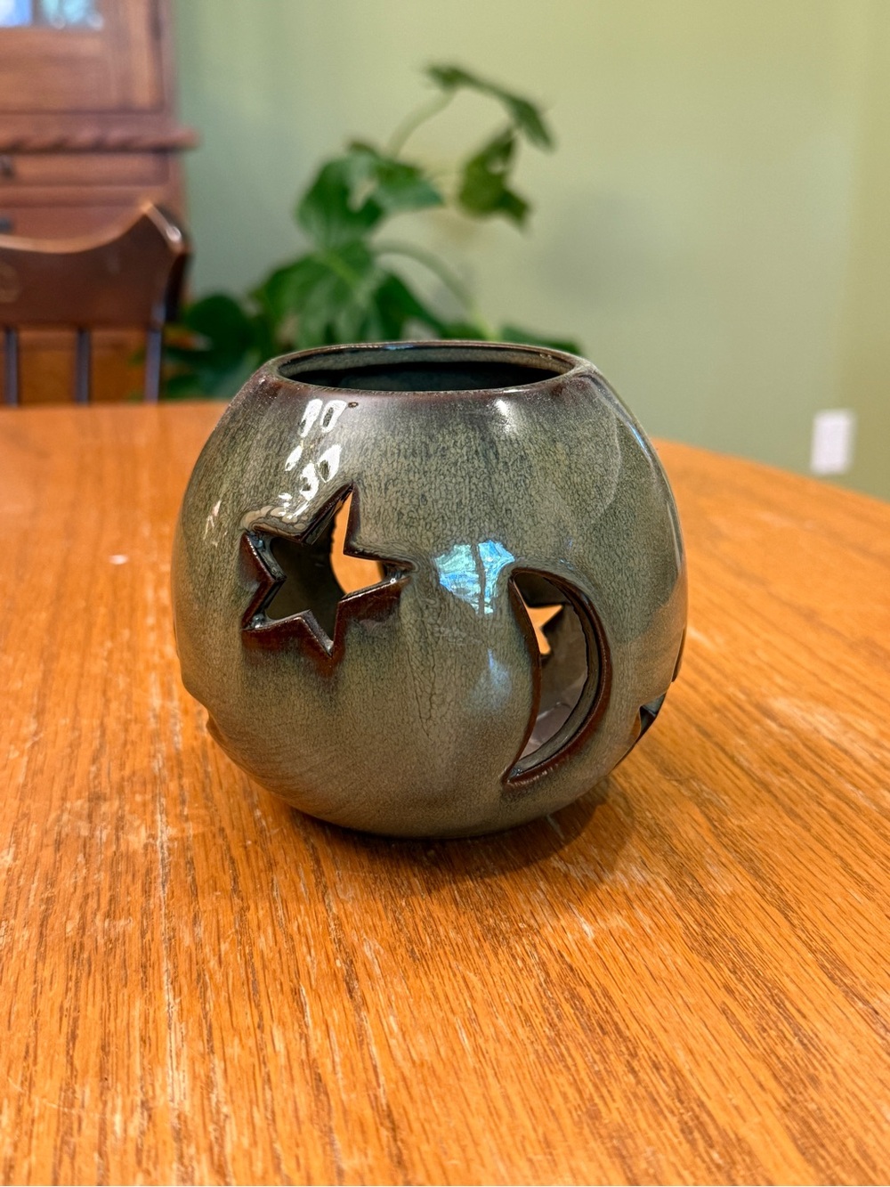 Drip Glaze Ceramic Celestial Tea Light Candle Holder Green Brown Sphere